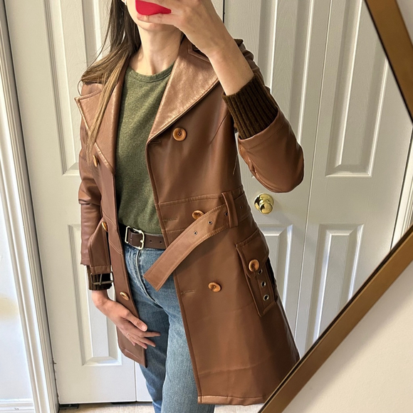 1970s Vintage Inspired Faux Leather Double Breasted Trench Coat Brown Size 2/4 - Picture 13 of 13